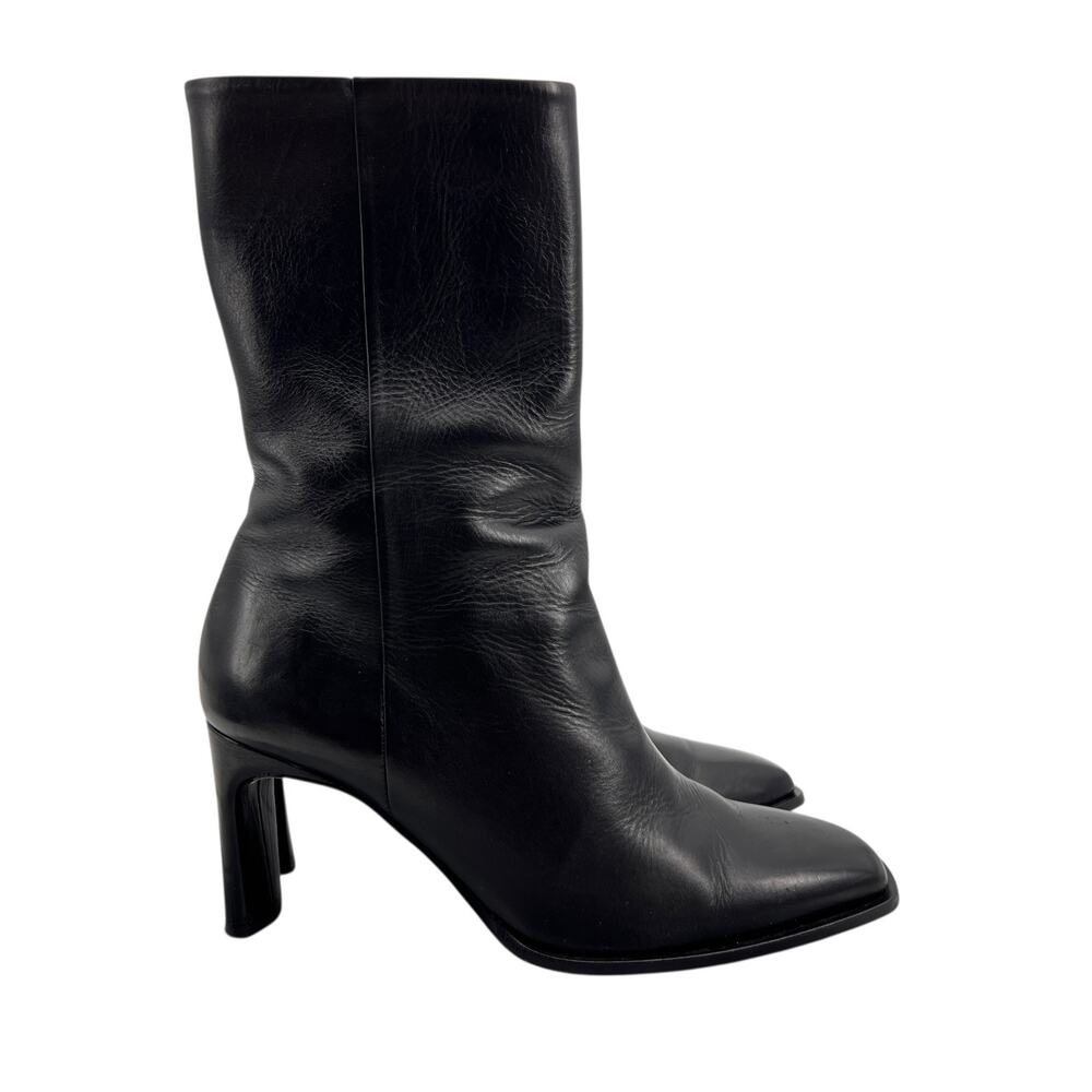 Tamara Mellon Women 38 Boots Black Leather Mid Calf Ankle Flared Oval Block Heel